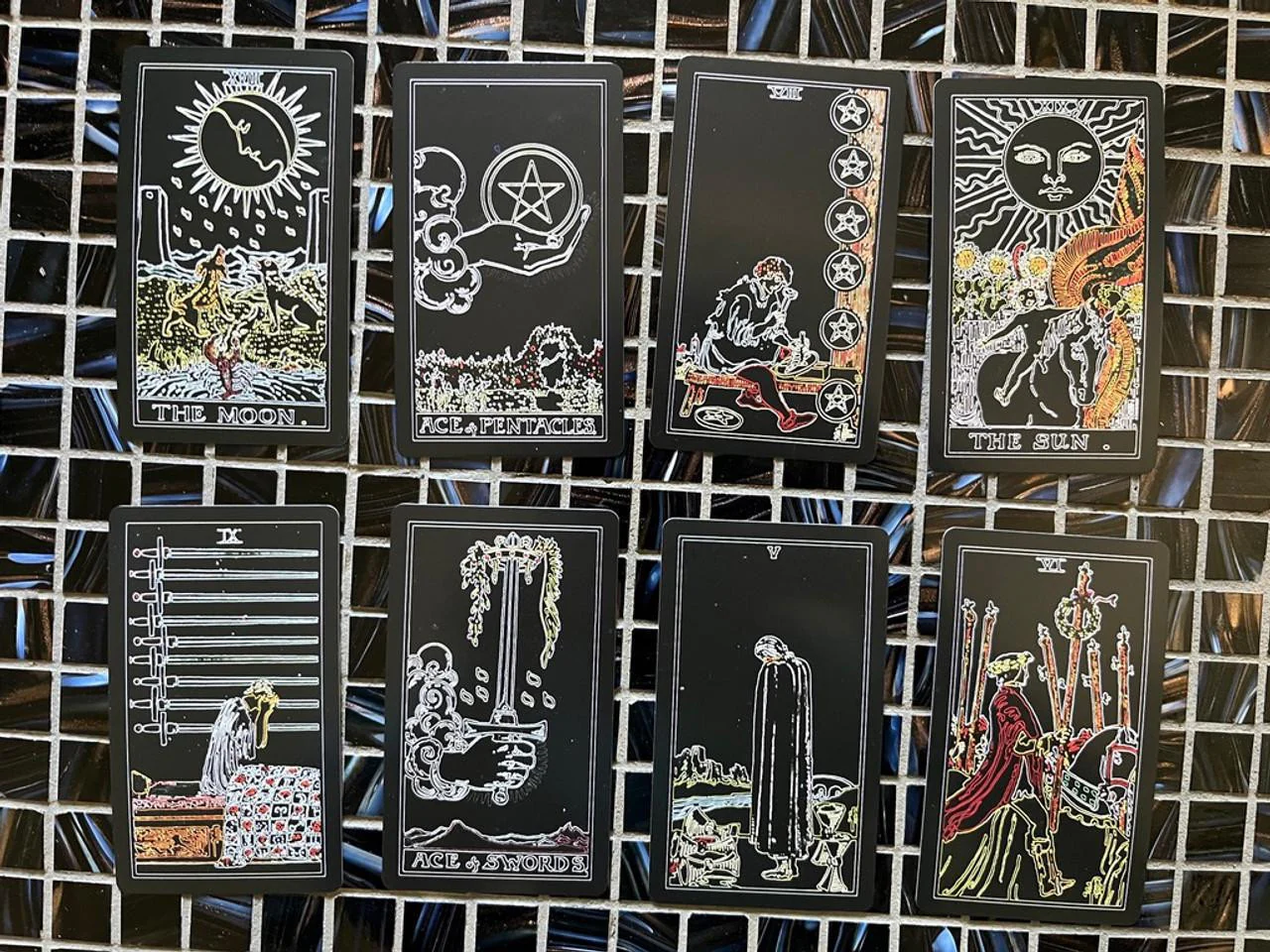 Eight cards from The Luminous Tarot, Classic 1909 Smith Rider Deck, displayed in two rows of four.