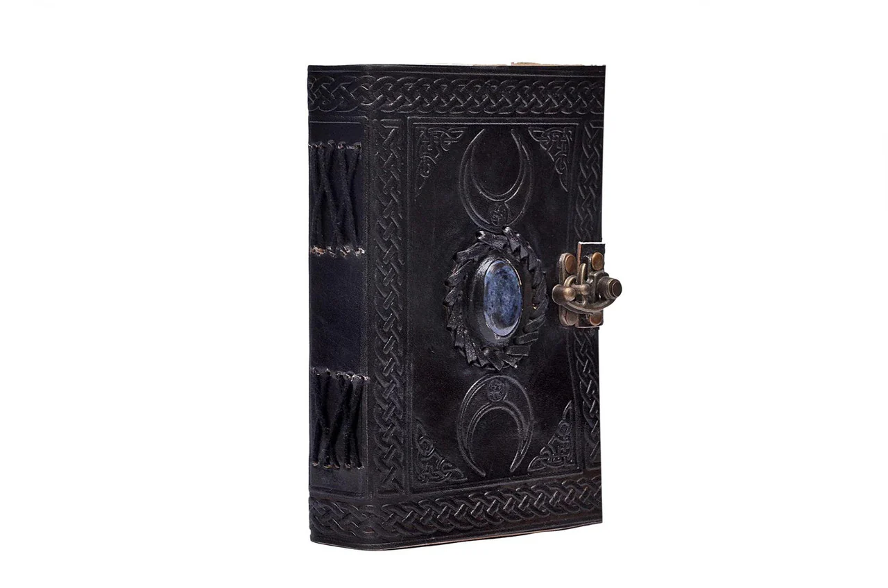 300 Moon Blue Lapiz Embossed Journal with vintage leather cover, ornate designs, blue stone center, and metal clasp lock.