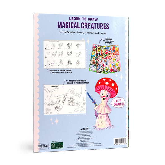 Back cover of Learn to Draw Magical Creatures with Stickers, showing drawing samples and a cartoon mushroom character.