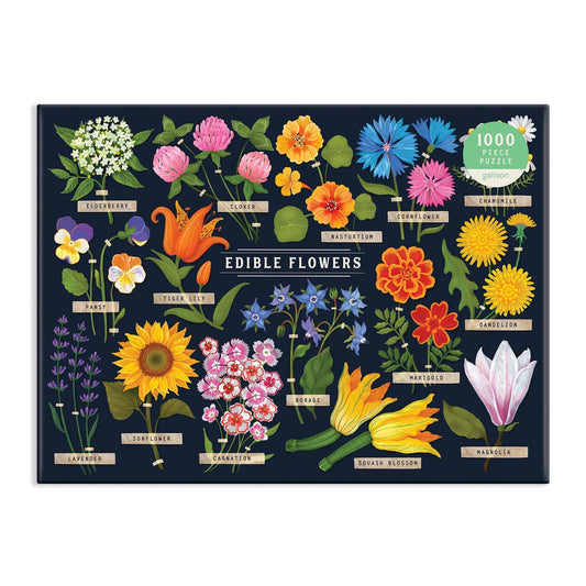 Edible Flowers 1000 Piece Puzzle featuring a chart of flowers such as dandelion and nasturtium.