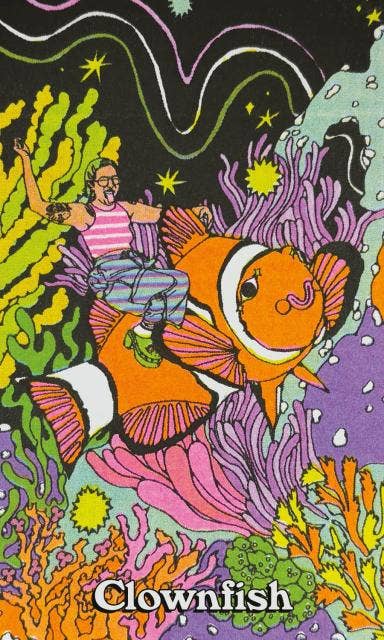 Queer Animal Oracle product featuring a person riding a clownfish with the text “Clownfish” displayed.