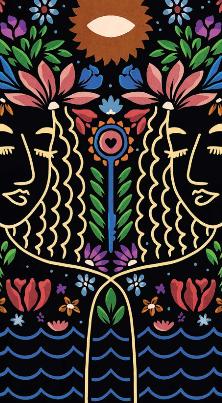 All of You Is Magic Deck featuring packaging with abstract faces, wavy hair, and flowers on a floral background.