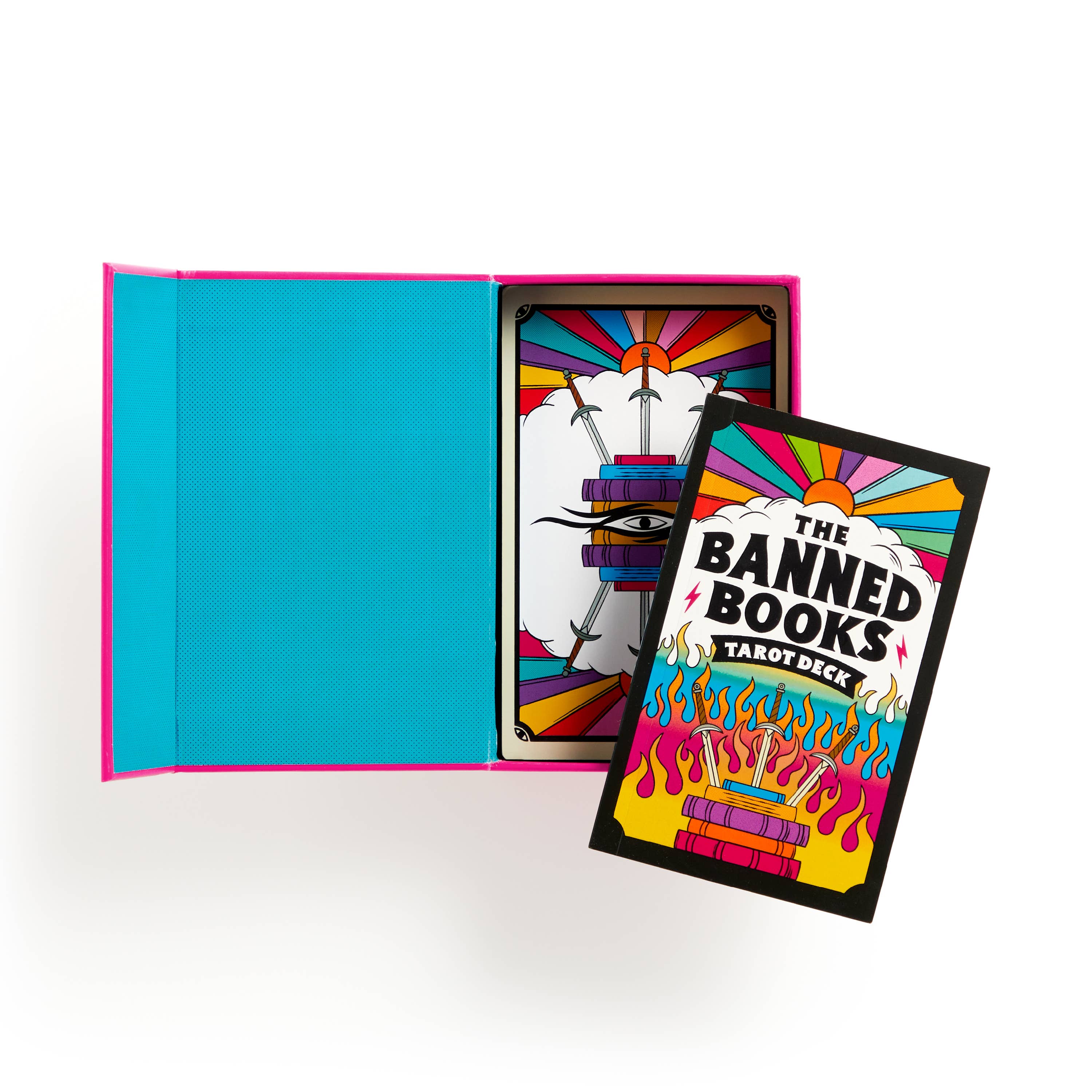 Open Banned Books Tarot Card Set displaying book-themed tarot cards.