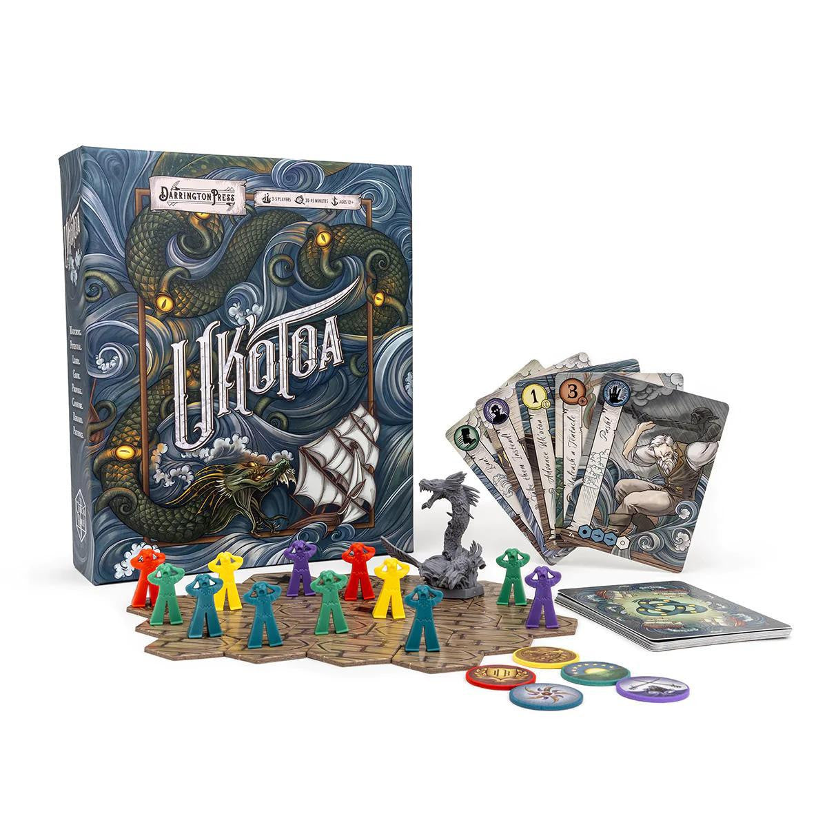 Ukotoa by Critical Role board game with colorful meeples, cards, and a dragon figure.
