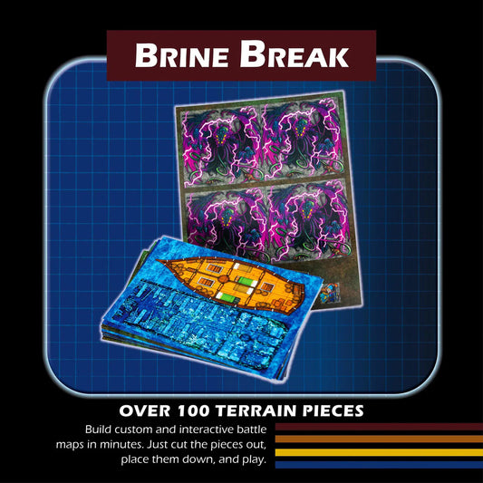 Dungeon Craft - Brine Break Adventure with over 100 colorful lighthouse tiles for DnD on a blue grid.