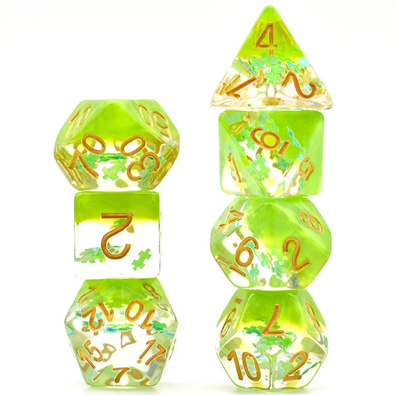 Green Dreamlike RPG Dice Set with translucent green and gold dice featuring embedded leaf designs, shown in two columns.