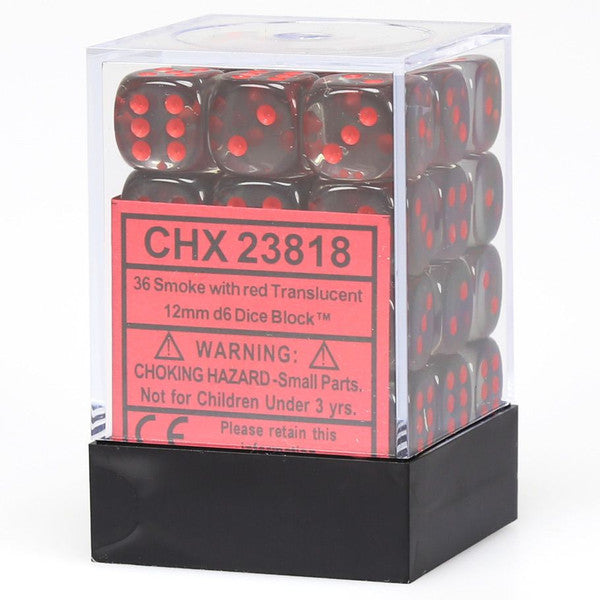 36 translucent smoke and red 12mm six-sided dice, set of 36, in a clear case.