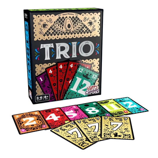 Trio card game with colorful numbered cards for finding three of a kind.