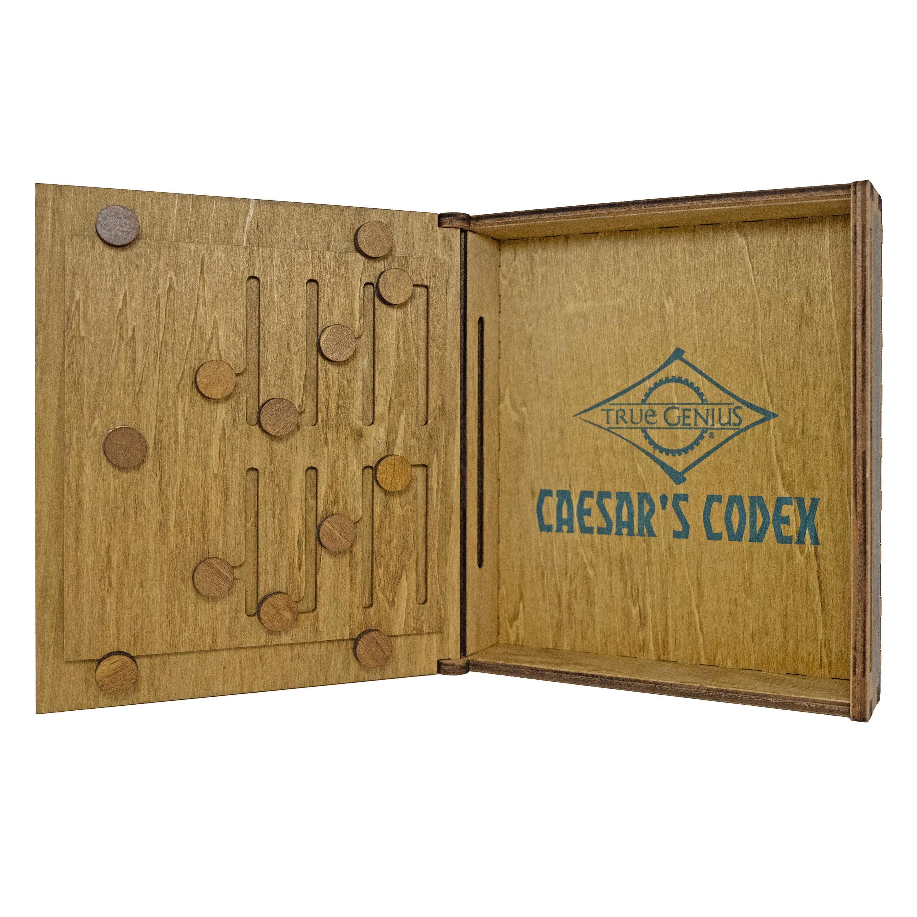 The True Genius Caesars Codex Secret Puzzle Box with sliding pegs on the left and Roman symbols on the right.