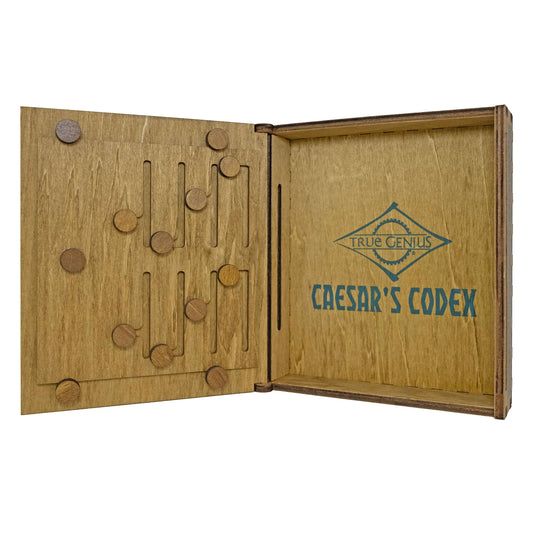 The True Genius Caesars Codex Secret Puzzle Box with sliding pegs on the left and Roman symbols on the right.
