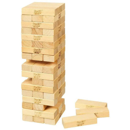 Jenga Original game with wooden blocks used for stacking and removing in a tower.