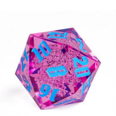 55mm Titan D20 Sharp Edge die featuring purple bubbles inside and blue numbers on a white background.