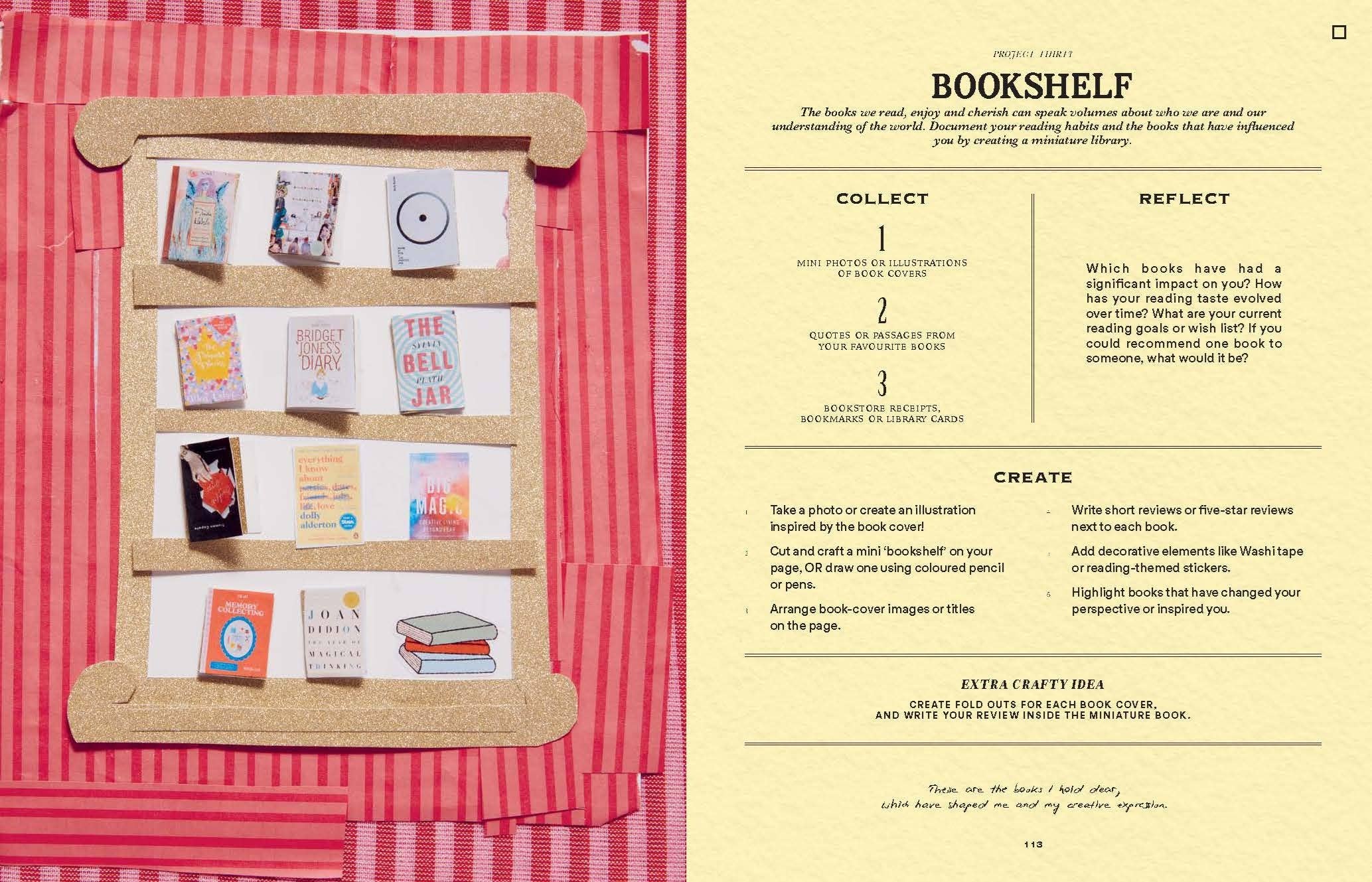 A Year of Junk Journaling showing mini book corkboards and bookshelf scrapbooking tips on the right page.