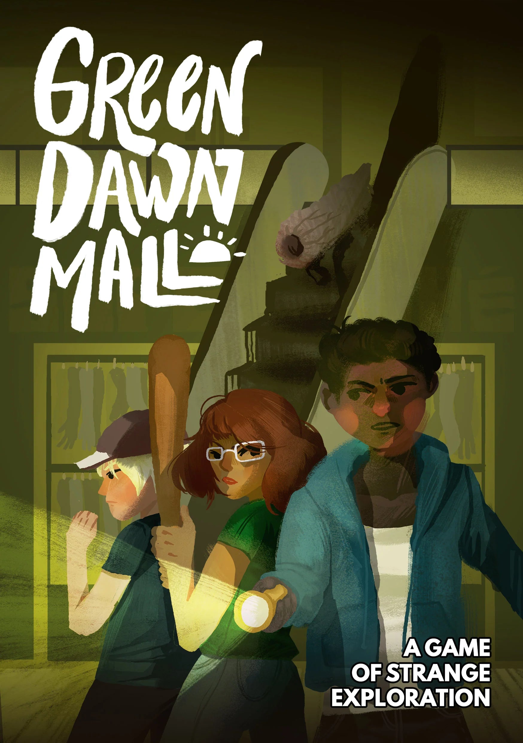 Green Dawn Mall tabletop RPG featuring three teens with a bat, flashlight, and slingshot in a dark mall setting.