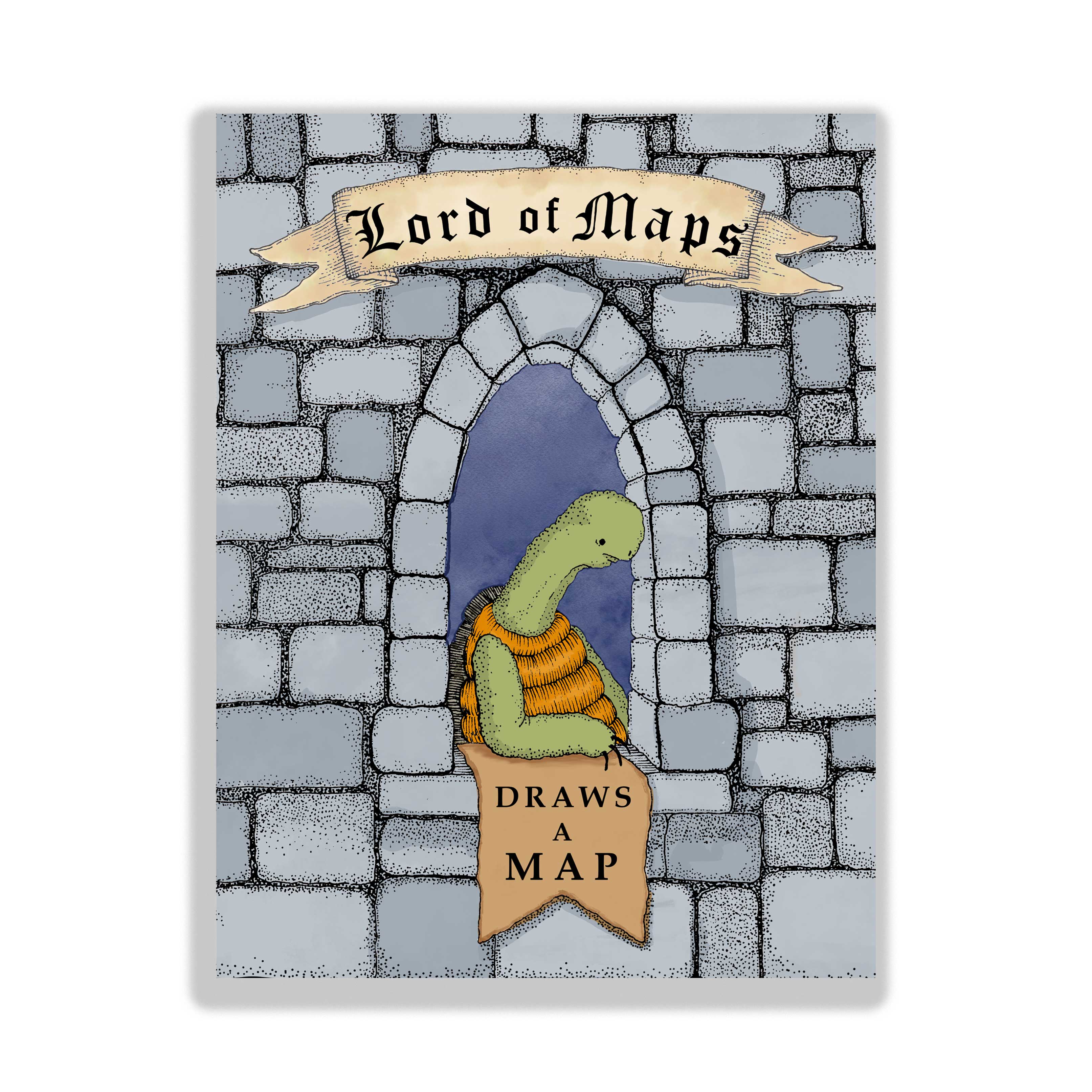 Lord of Maps: Draws a Map BOOK featuring an armored turtle at a castle window with banners.