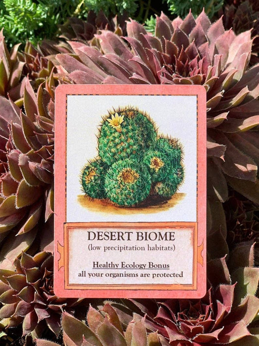 Desert Biome card from Ecologies Card Game featuring cactus art and ecology bonus for protection.