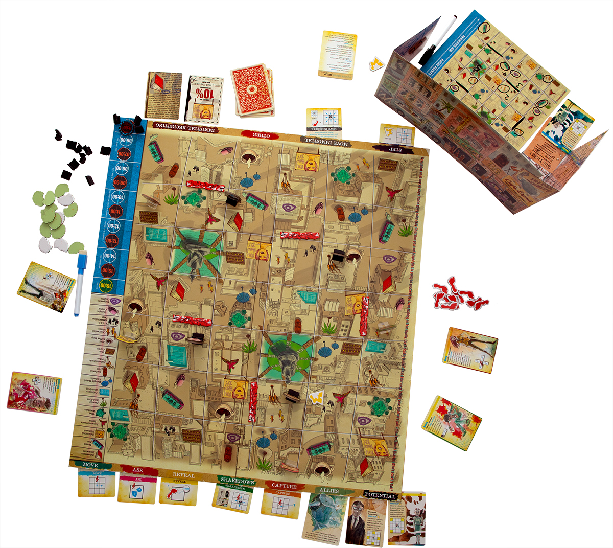 MIND MGMT The Psychic Espionage Game set up with cards, tokens, and pieces on a vintage-themed game board.