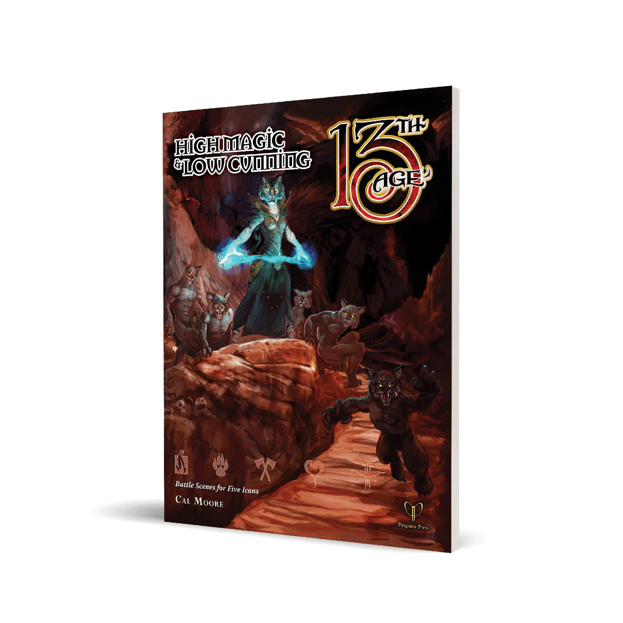 The 13th Age: High Magic & Low Cunning cover featuring a wizard casting magic at wolf-like creatures in a rocky setting.