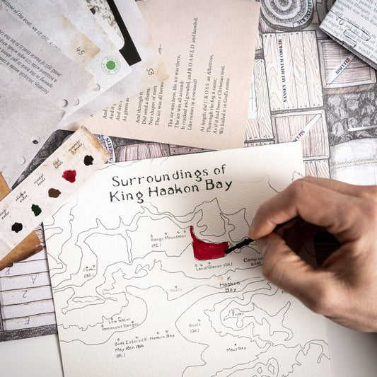 Shackleton Series: Escape Game box featuring a hand painting a red map. Interactive puzzle adventure based on a true story.