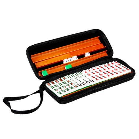 Travel Mah Jong Set with tiles, dice, and racks in a black zippered carrying case with handle.