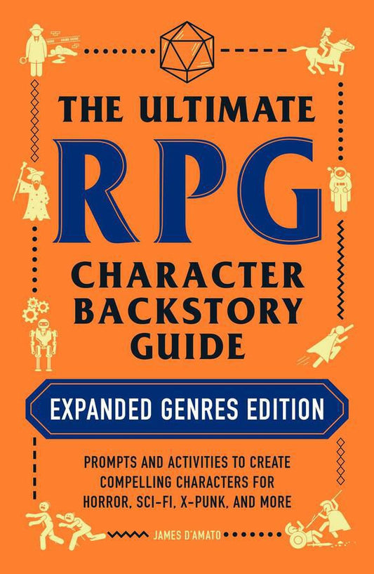 The Ultimate RPG Character Backstory Guide Expanded Genres Edition with orange cover and genre icons.