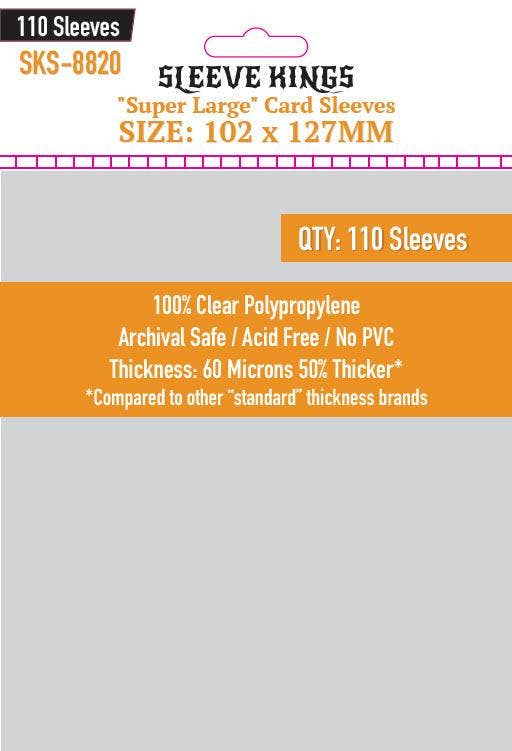 Sleeve Kings Super Large Sleeves, 102x127mm, SKS-8820, 110 pack, 60-micron card sleeves.