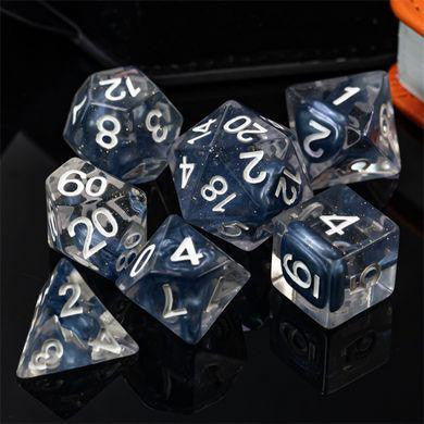 Blue Lava Lamp RPG Dice Set of seven blue and clear polyhedral dice with white numbers for D&D or Pathfinder.
