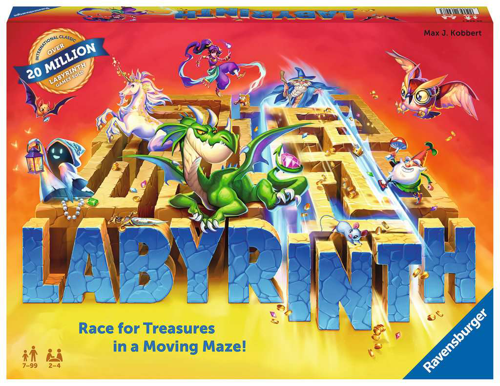 Labyrinth board game featuring a moving maze and fantasy creatures. Family edition.