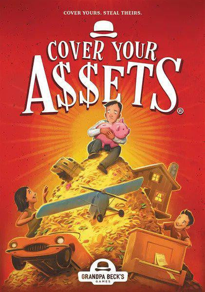 Cover of Cover Your Assets card game featuring illustrations of people collecting valuables and gold coins.