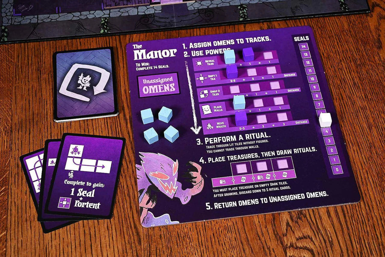 Vast The Mysterious Manor board game with purple components, cards, cubes, and a ritual-themed player board.