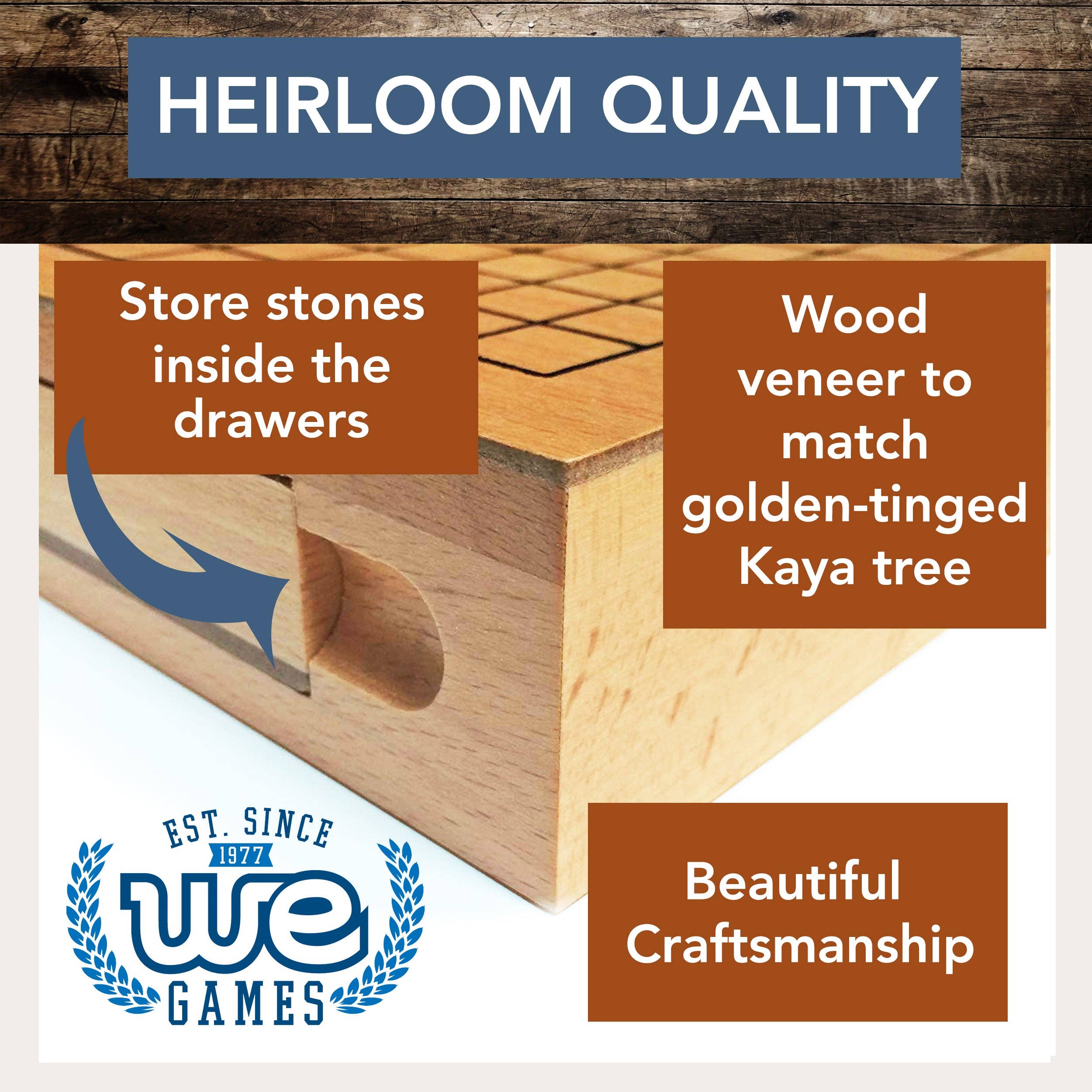 Wood GO Set, 12-inch, with storage drawers and gold-toned veneer.