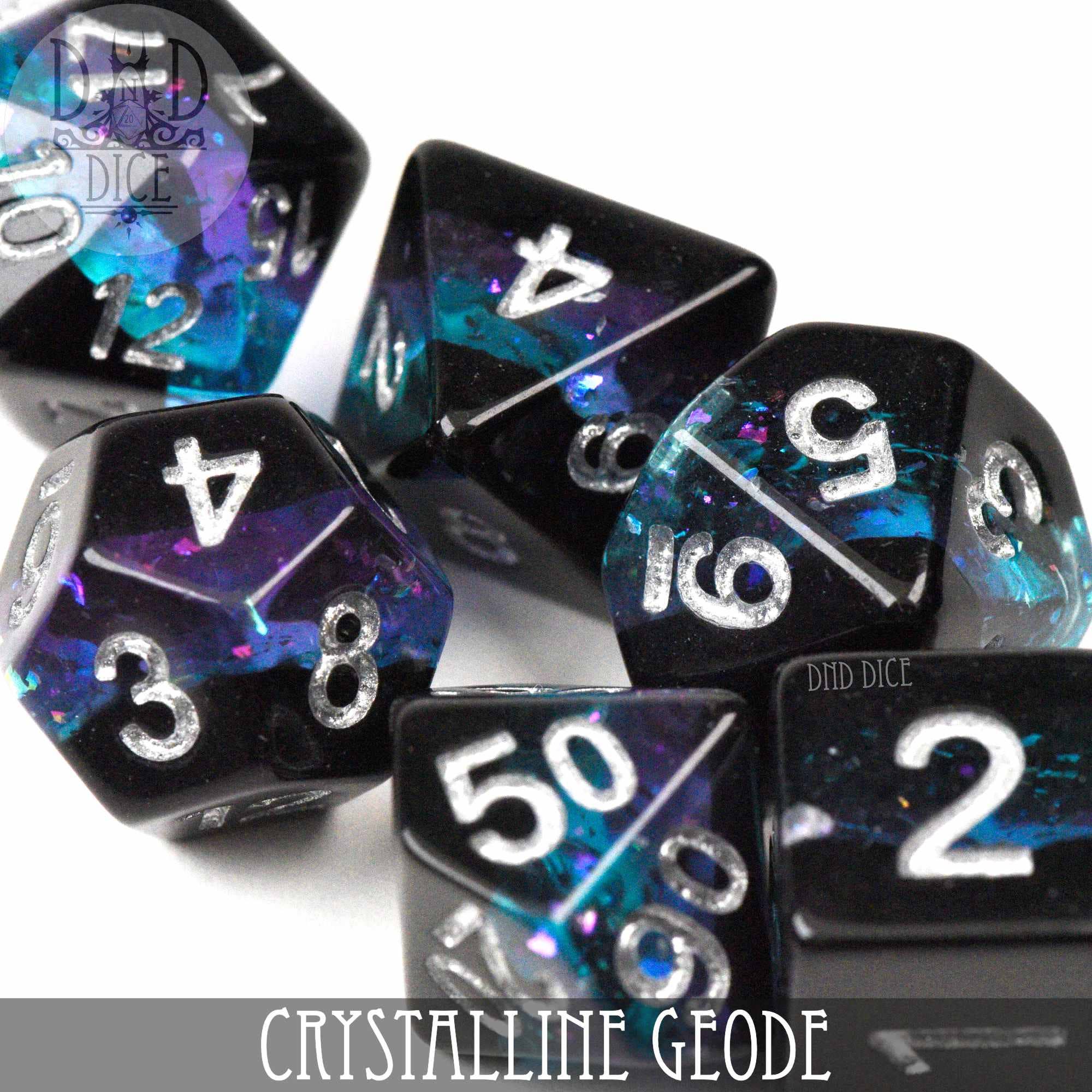 Crystalline Geode 7-dice set, black resin with blue and purple crystalline patterns for tabletop gaming.