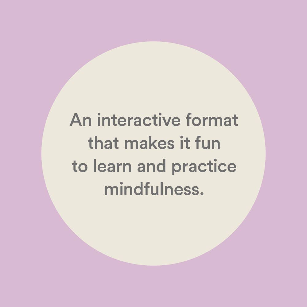 Mindfulness Dice product with introductory text on a cream circle over a lavender background.