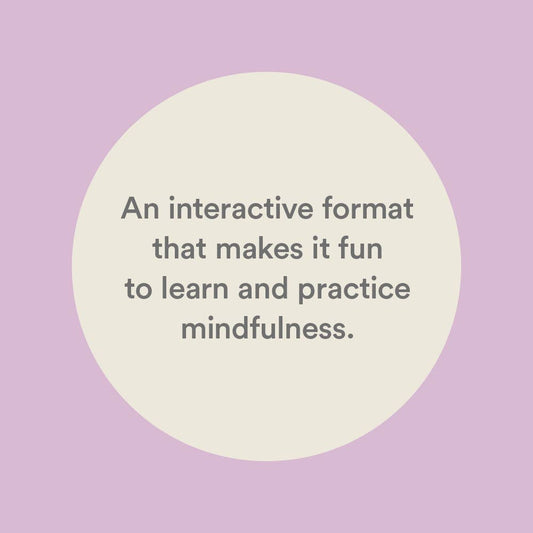 Mindfulness Dice product with introductory text on a cream circle over a lavender background.