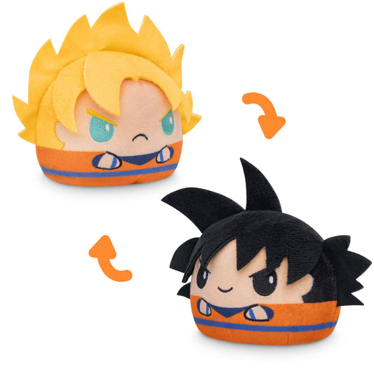 Two round Dragon Ball Z reversible plush toys in orange, featuring characters with yellow or black hair.