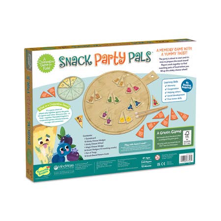 Snack Party Pals box back showing game pieces, instructions, and cartoon animal characters.
