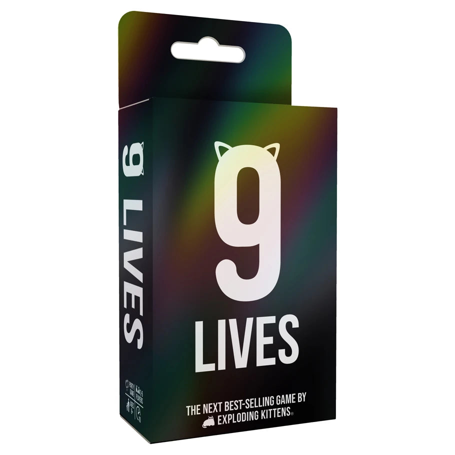 9 Lives game box with cat ears on the 9 and a rainbow gradient on a black background.