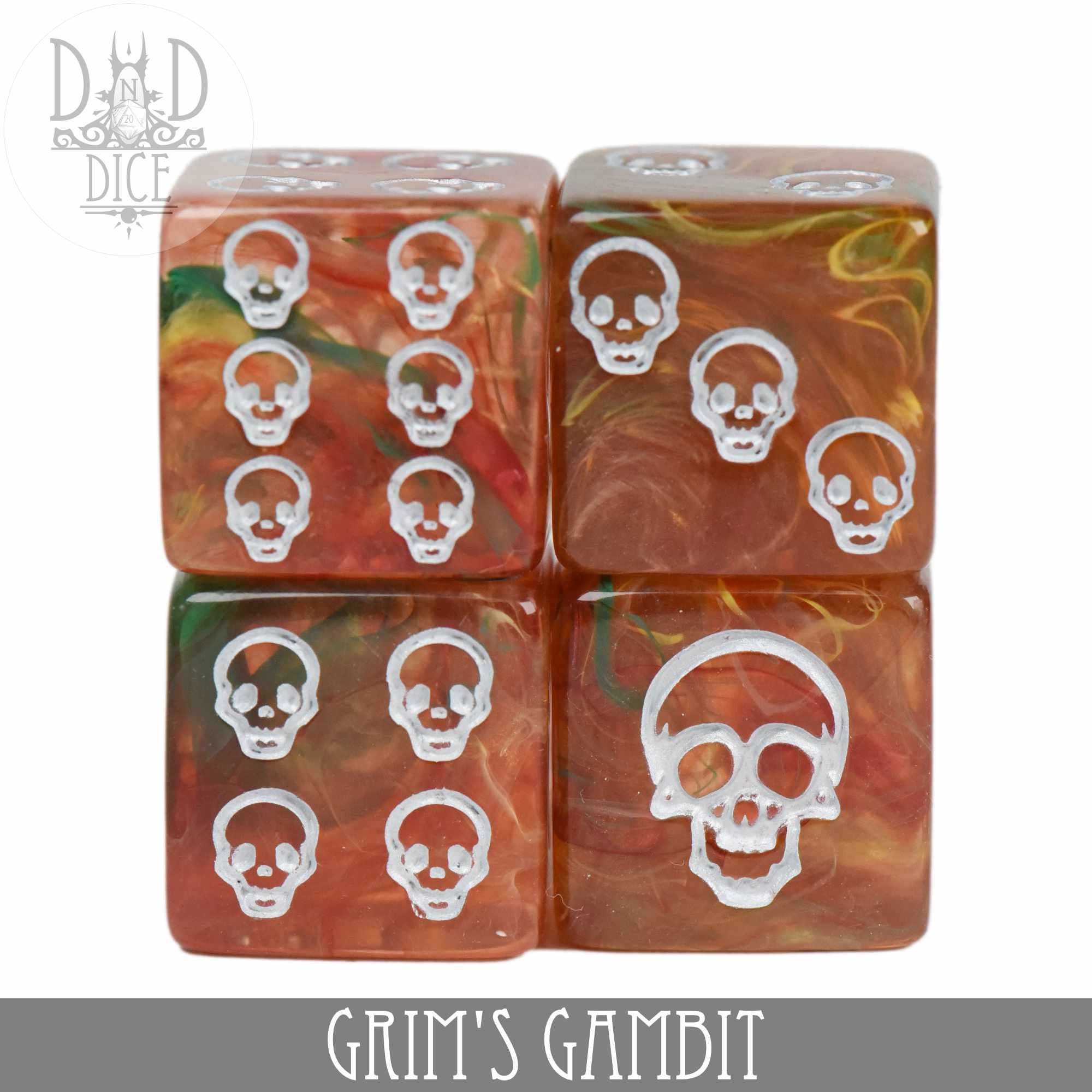 Four marbled resin Grims Gambit dice with white skull pips. Text: GRIMS GAMBIT.