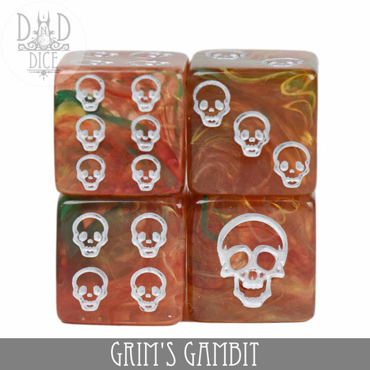 Four marbled resin Grims Gambit dice with white skull pips. Text: GRIMS GAMBIT.