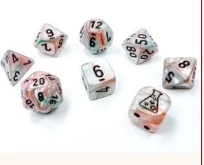 Seven Lab Dice Tube polyhedral dice, pearly white and pink with black numbers.