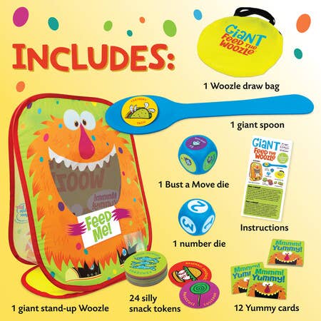 Giant Feed The Woozle family co-op game with draw bag, pieces, stand-up Woozle, dice, cards, and snack tokens.
