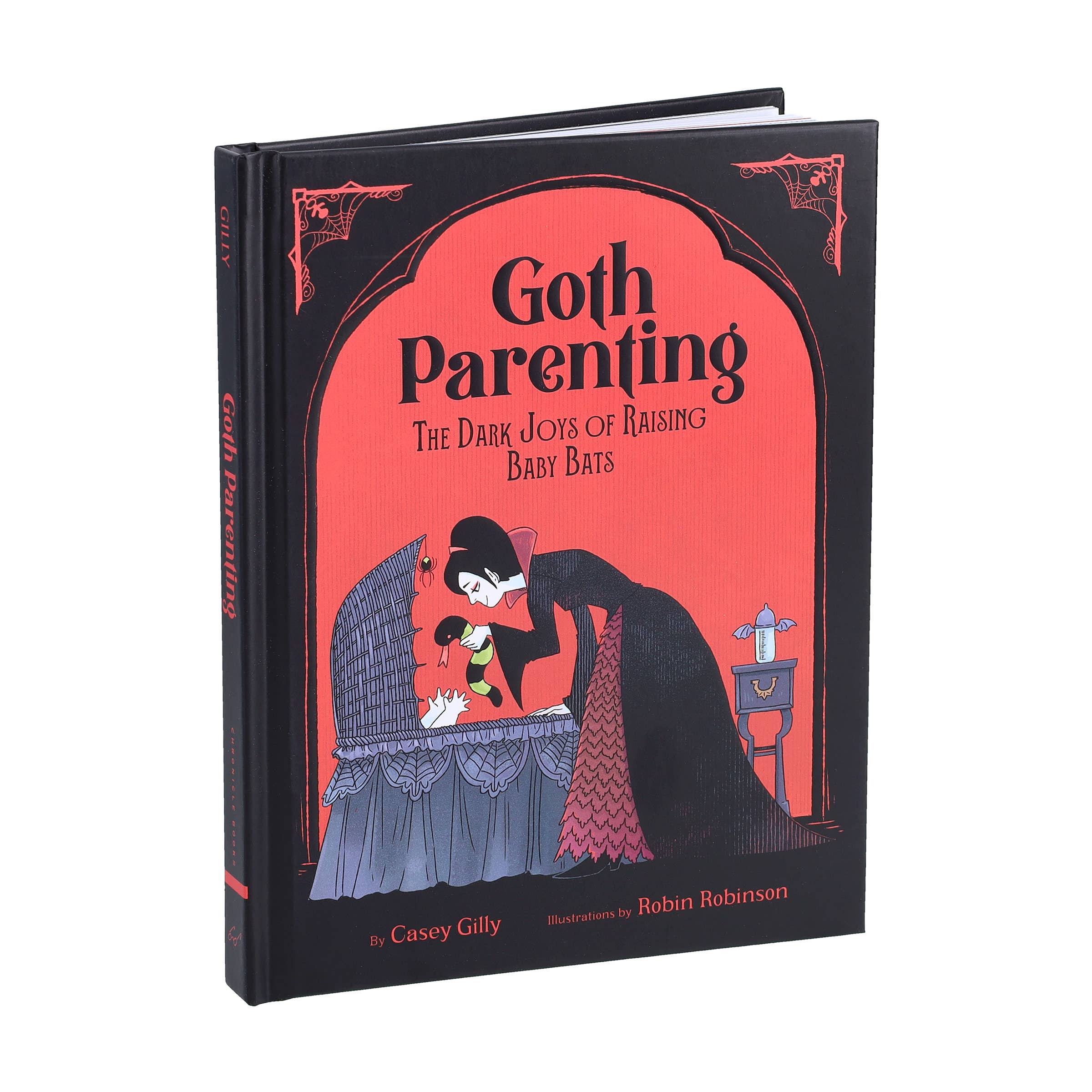 Goth Parenting illustrated book about parenting milestones with a gothic theme and references to “baby bats.”.