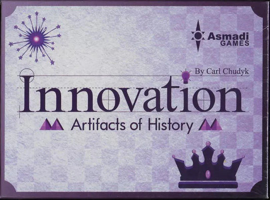 Innovation 3e: Artifacts of History box, artifact cards, and Asmadi Games logo.