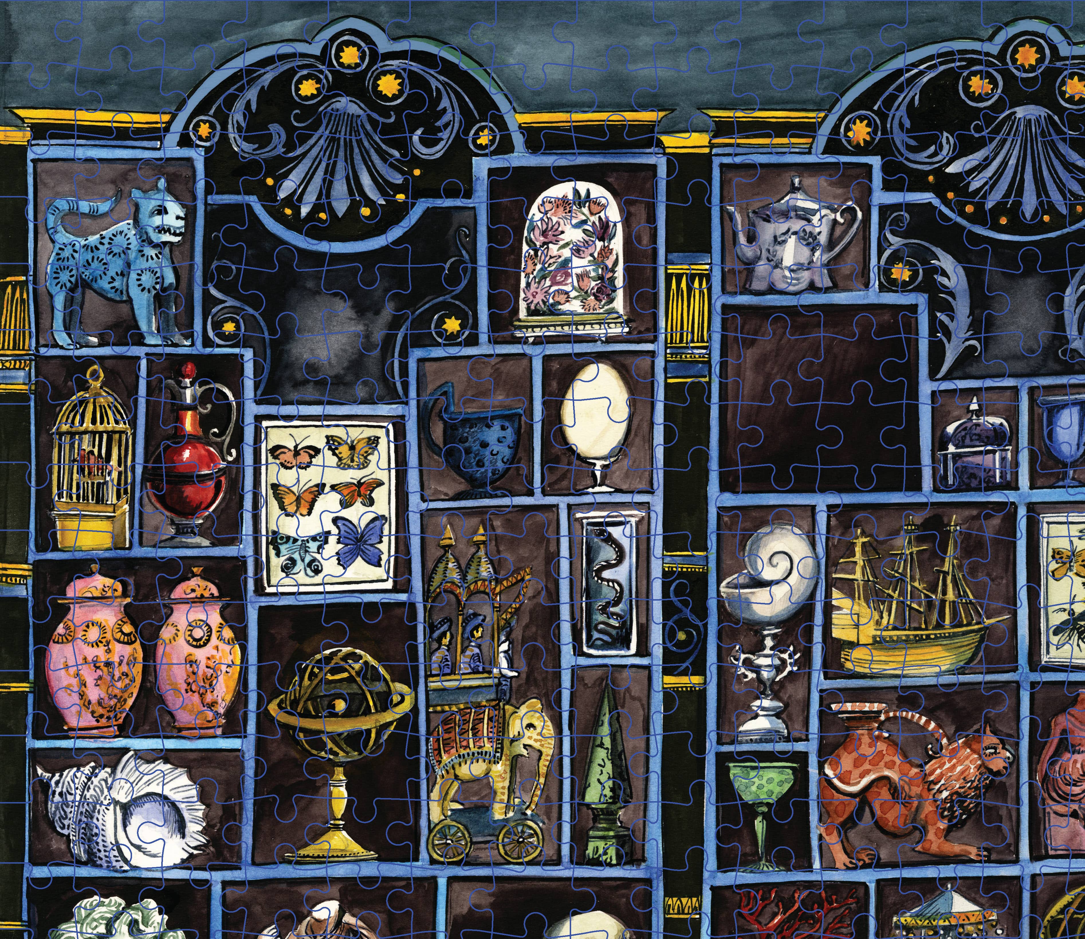 Murder Most Puzzling 500-piece puzzle featuring a collector’s death scene with antiques and curios.