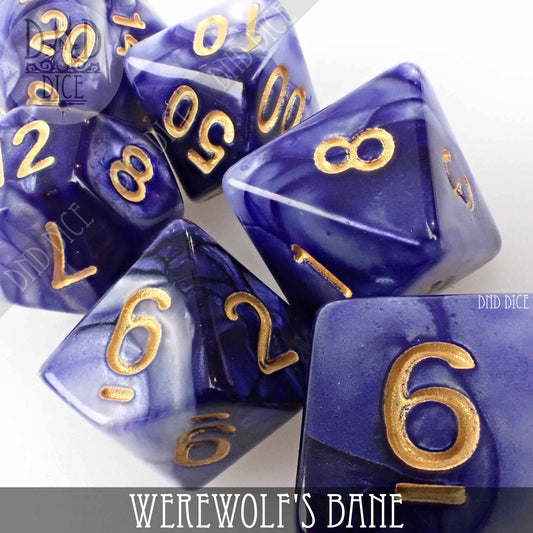 7-piece set of purple and white marbled acrylic Werewolfs Bane DND dice with gold numbers.