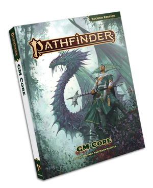 Pathfinder RPG 2e GM Core Remastered book cover featuring an armored hero and green dragon in a misty forest.