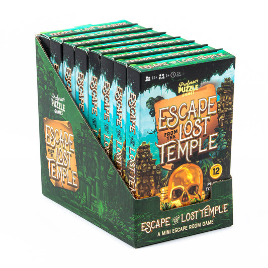 Escape from the Lost Temple game box with gold skull and temple adventure artwork on packaging.