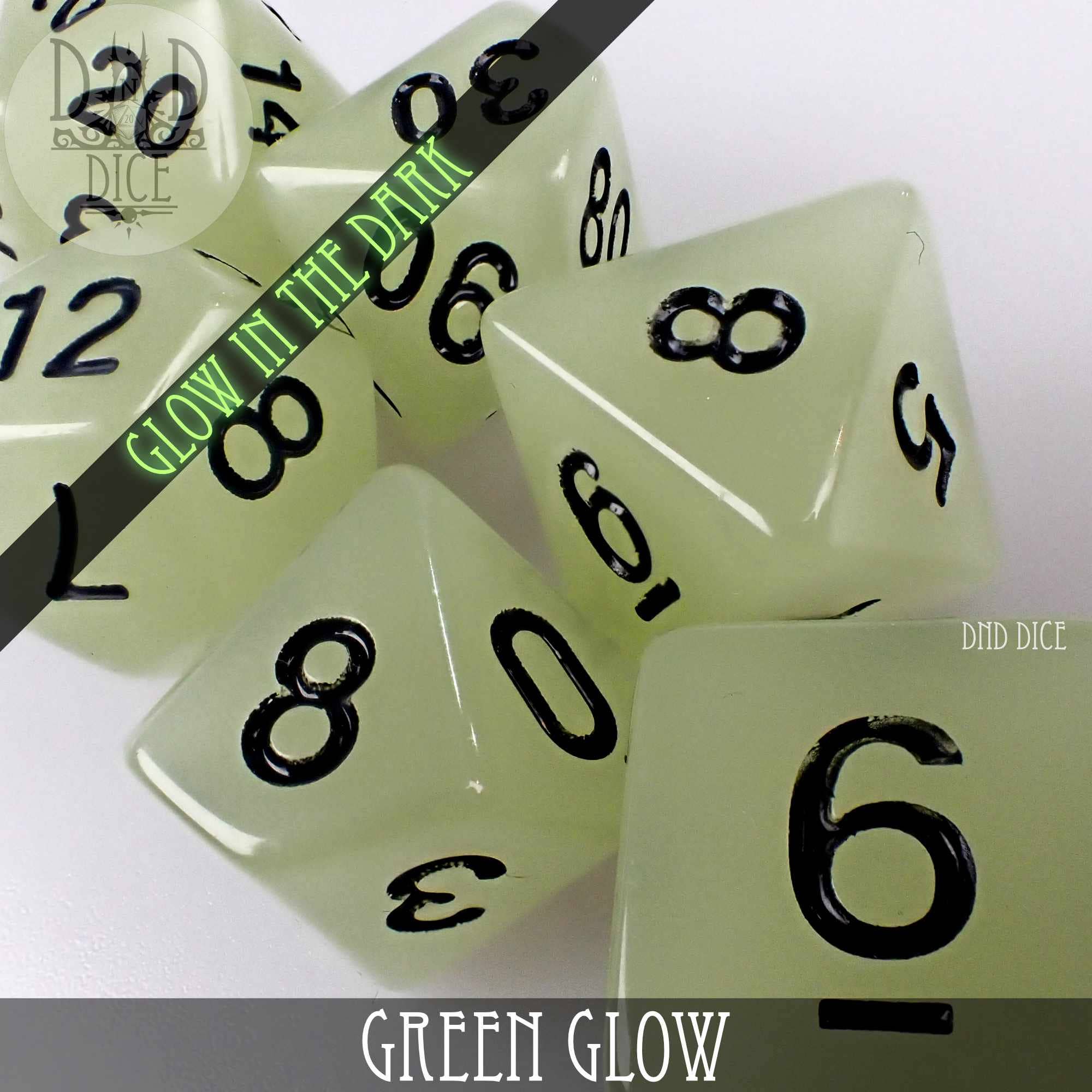 Green Glow in the Dark acrylic D&D dice set with black numbers, close-up view.