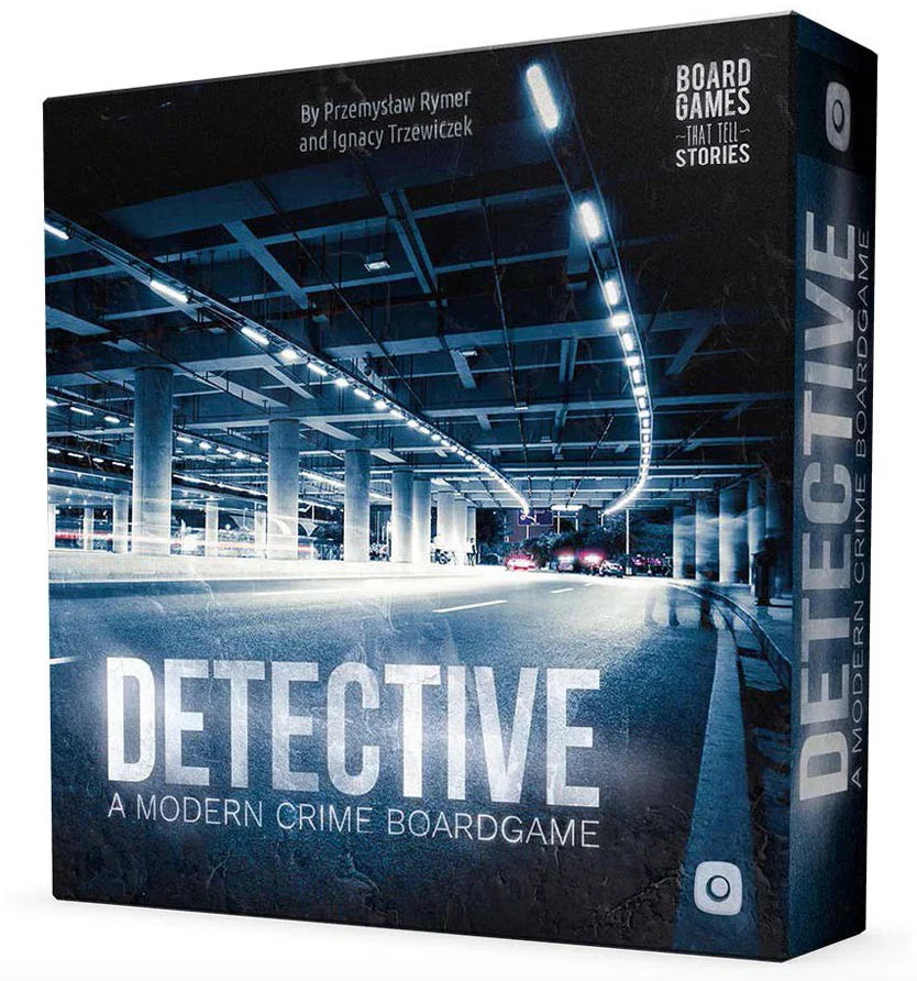 Detective: A modern crime board game featuring a dimly lit parking garage with columns and overhead lights.