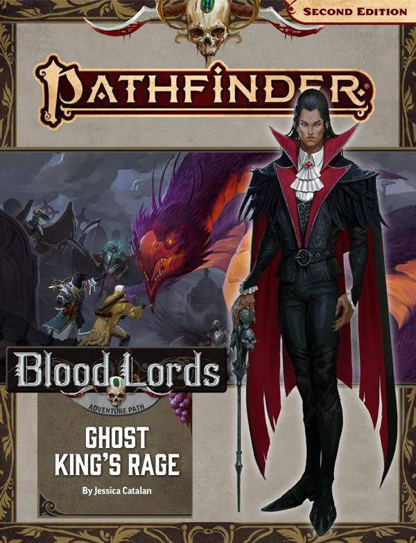 Pathfinder 2e Ghost Kings Rage (Blood Lords 6) cover featuring a vampire noble, warriors, and a red dragon.